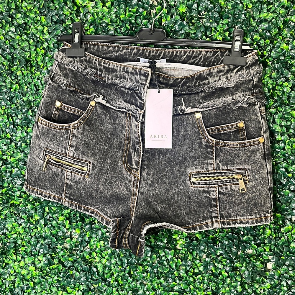 GREY distressed denim jean shorts.